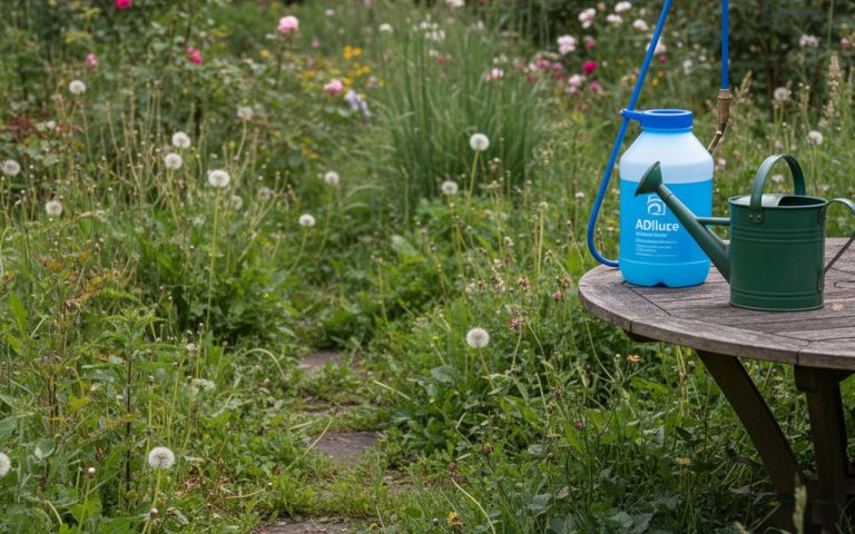 Jardin avec des mauvaises herbes et un pulvérisateur d'AdBlue prêt à l'emploi.