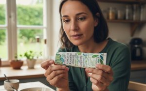 Personne vérifiant les ingrédients d'un dentifrice pour éviter les allergies.