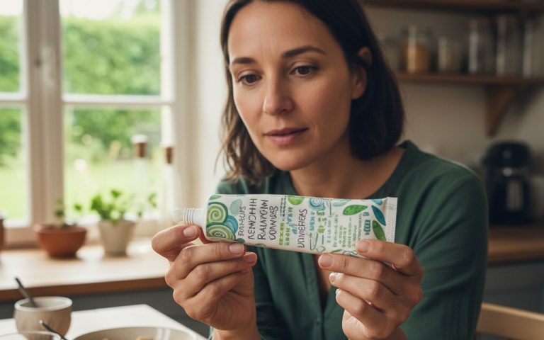 Personne vérifiant les ingrédients d'un dentifrice pour éviter les allergies.