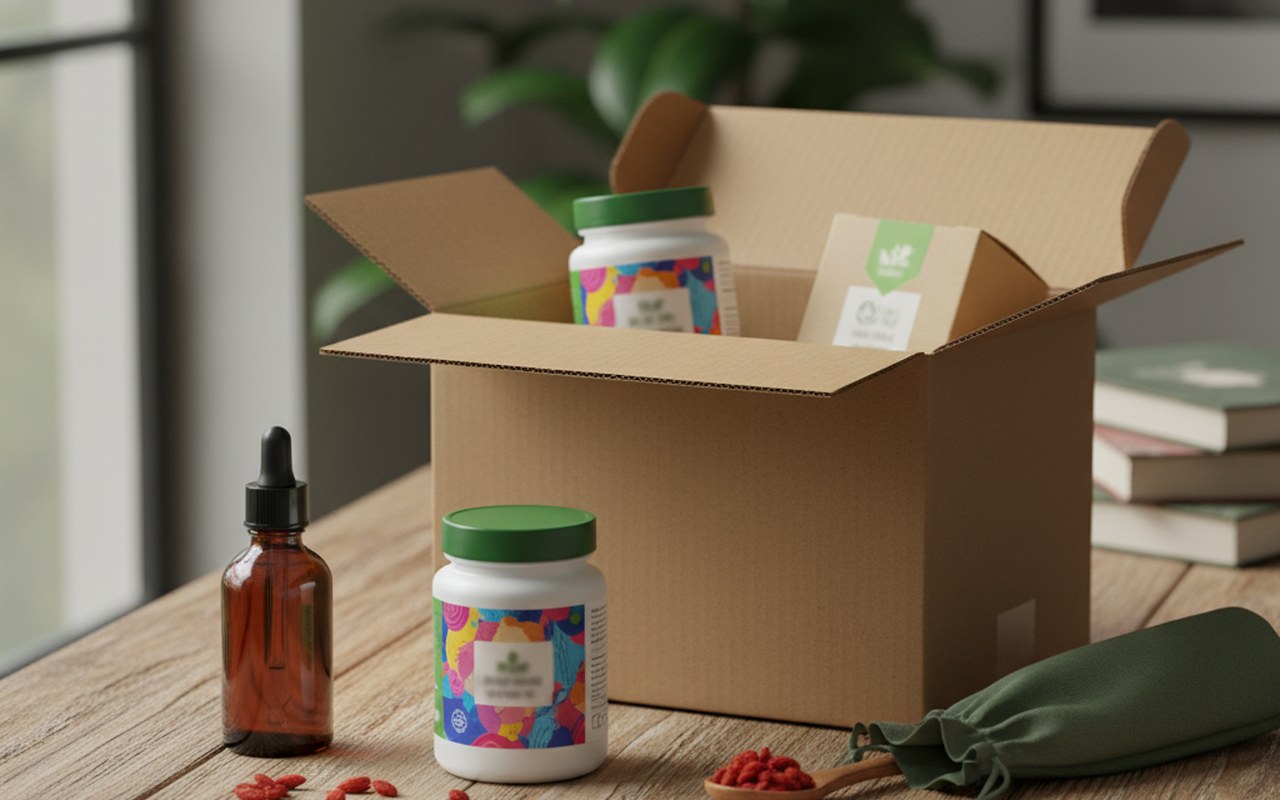 Colis iHerb ouvert avec des produits de bien-être et des compléments alimentaires sur une table en bois.