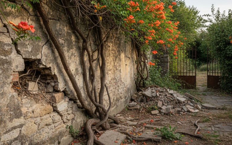 Dégâts causés par une bignone sur un mur de jardin avec fissures visibles.