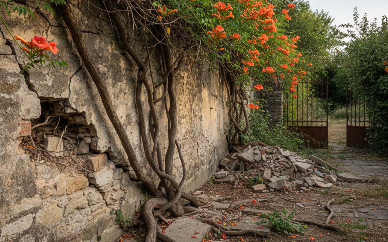 Dégâts causés par une bignone sur un mur de jardin avec fissures visibles.