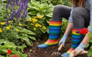 Personne en jardinage avec des bottes de jardin colorées, entourée de plantes.