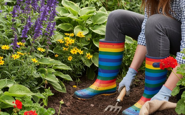 Personne en jardinage avec des bottes de jardin colorées, entourée de plantes.