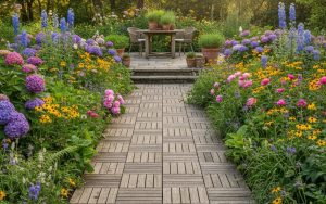 Caillebotis en bois dans un jardin fleuri, illustrant l'aménagement extérieur.