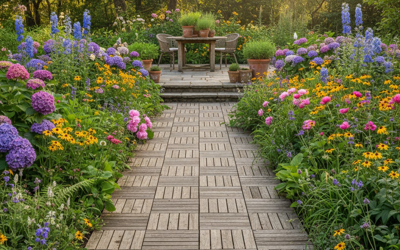 Caillebotis en bois dans un jardin fleuri, illustrant l'aménagement extérieur.