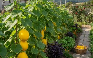 Concombres jaunes Gele Tros en culture dans un jardin potager
