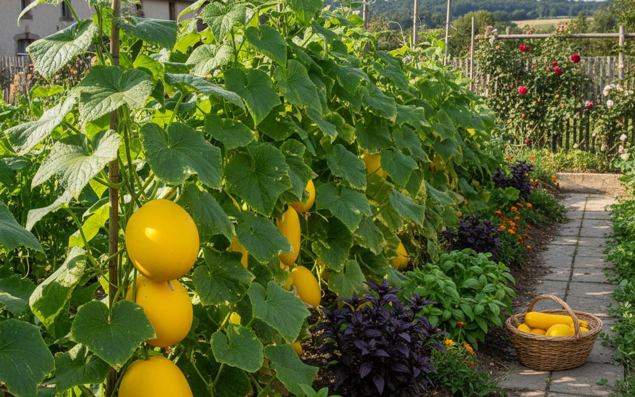 Concombres jaunes Gele Tros en culture dans un jardin potager