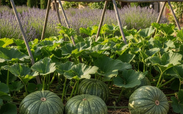 Courges musquées de Provence vertes en croissance dans un jardin provençal.
