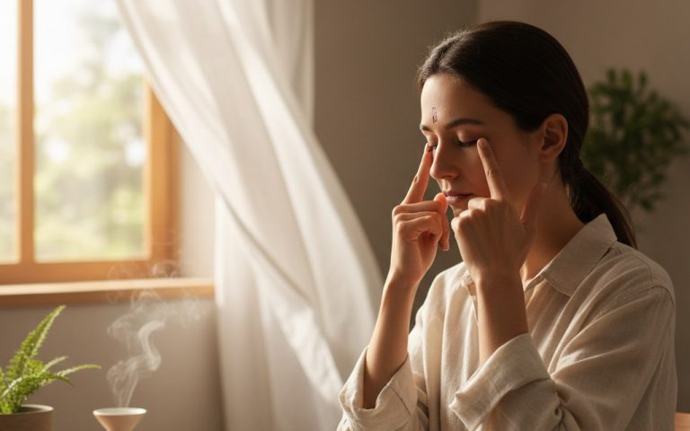 Personne pratiquant l'acupression sur le visage pour soulager la sinusite.