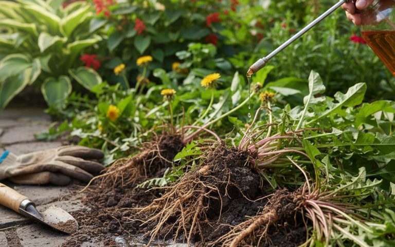 Application d'un désherbant naturel sur des racines de mauvaises herbes dans un jardin.