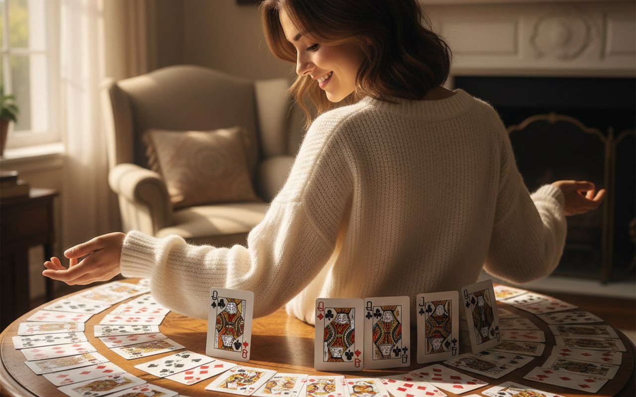 Femme brune bienveillante entourée de cartes à jouer, symbolisant la Dame de Trèfle.