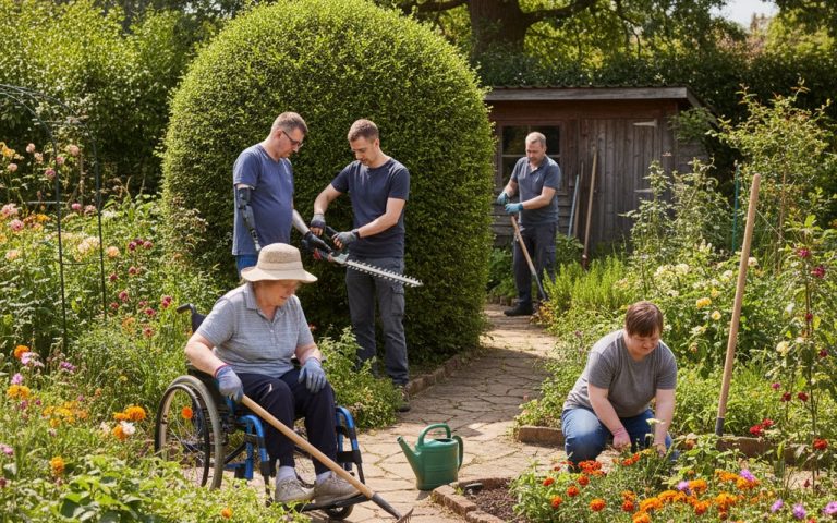 Travailleurs en situation de handicap entretenant un jardin avec soin et professionnalisme.