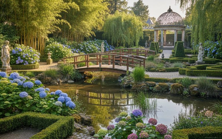 Jardin de la Souloire avec ponts en bois et étangs en Gironde