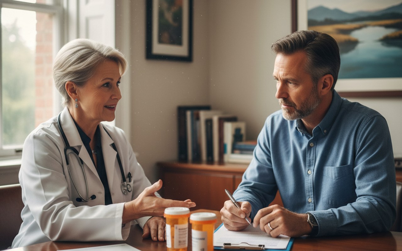 Consultation médicale sur les risques des statines avec un médecin et un patient.