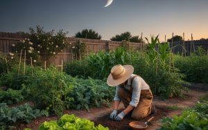 Un jardinier plantant des graines sous la lune montante dans un potager.