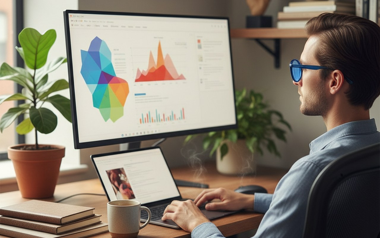 Personne avec des lunettes de repos travaillant sur un ordinateur, illustrant le confort visuel.