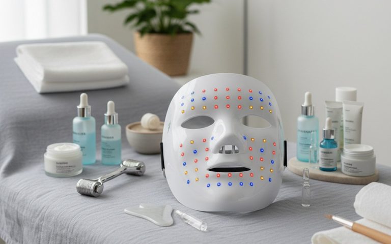 Masque LED visage sur une table de soins esthétiques avec des produits de soin.
