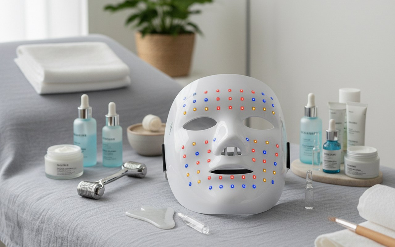 Masque LED visage sur une table de soins esthétiques avec des produits de soin.