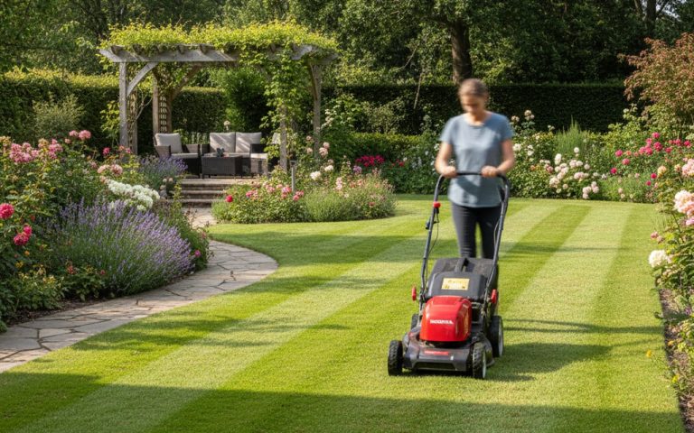 Tondeuse Honda en action dans un jardin bien entretenu, illustrant la facilité de tonte.