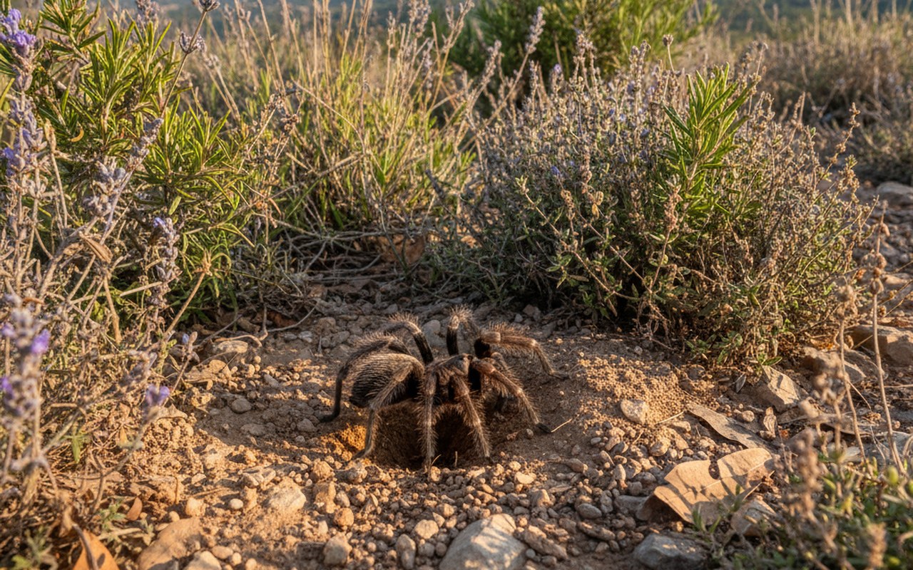 Mygale de Provence creusant un terrier dans son habitat naturel méditerranéen.