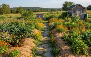 Jardin écologique avec paillage en miscanthus, fleurs et légumes sous le soleil.