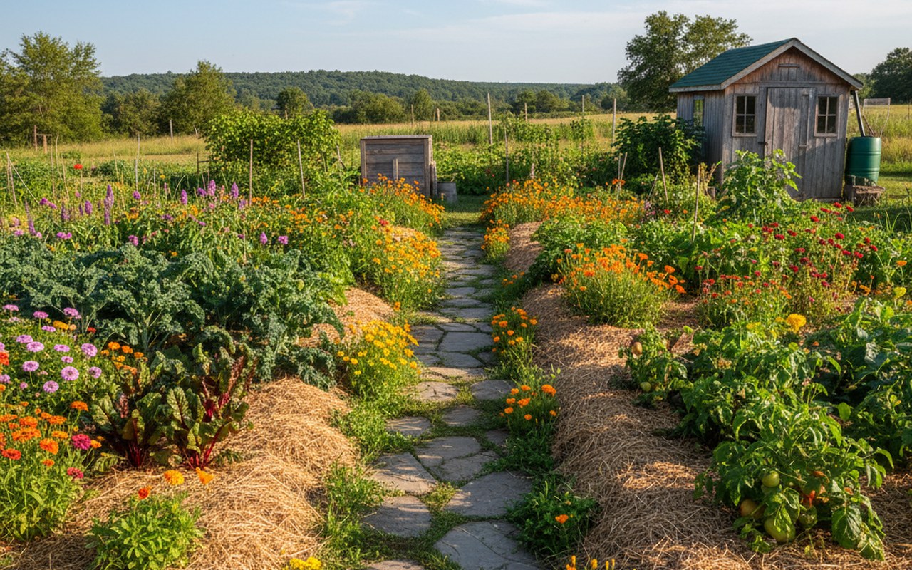 Jardin écologique avec paillage en miscanthus, fleurs et légumes sous le soleil.
