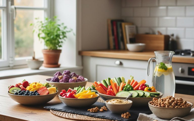 Table de cuisine avec des collations saines pour une alimentation consciente.