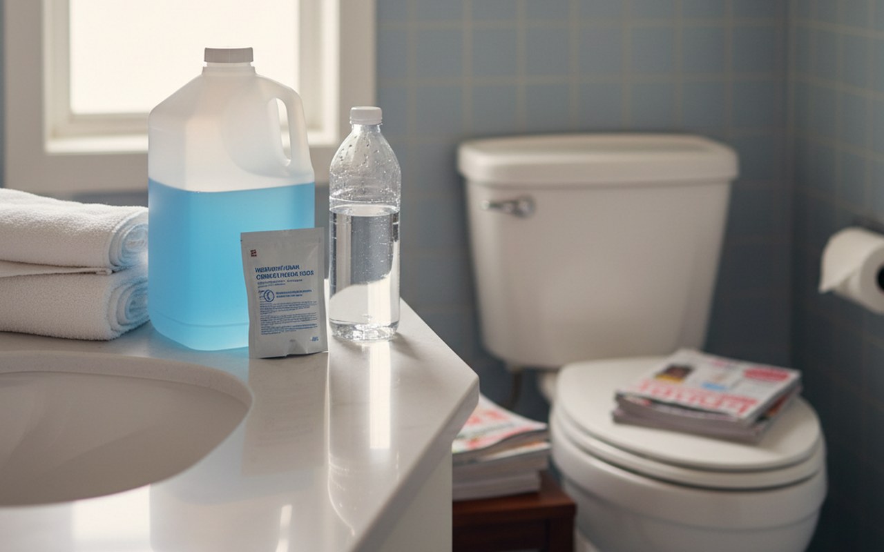 Préparation pour une coloscopie avec des produits et une bouteille d'eau dans une salle de bain.