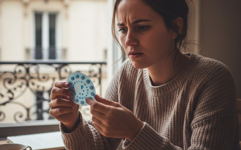 Femme perplexe regardant une plaquette de pilules contraceptives