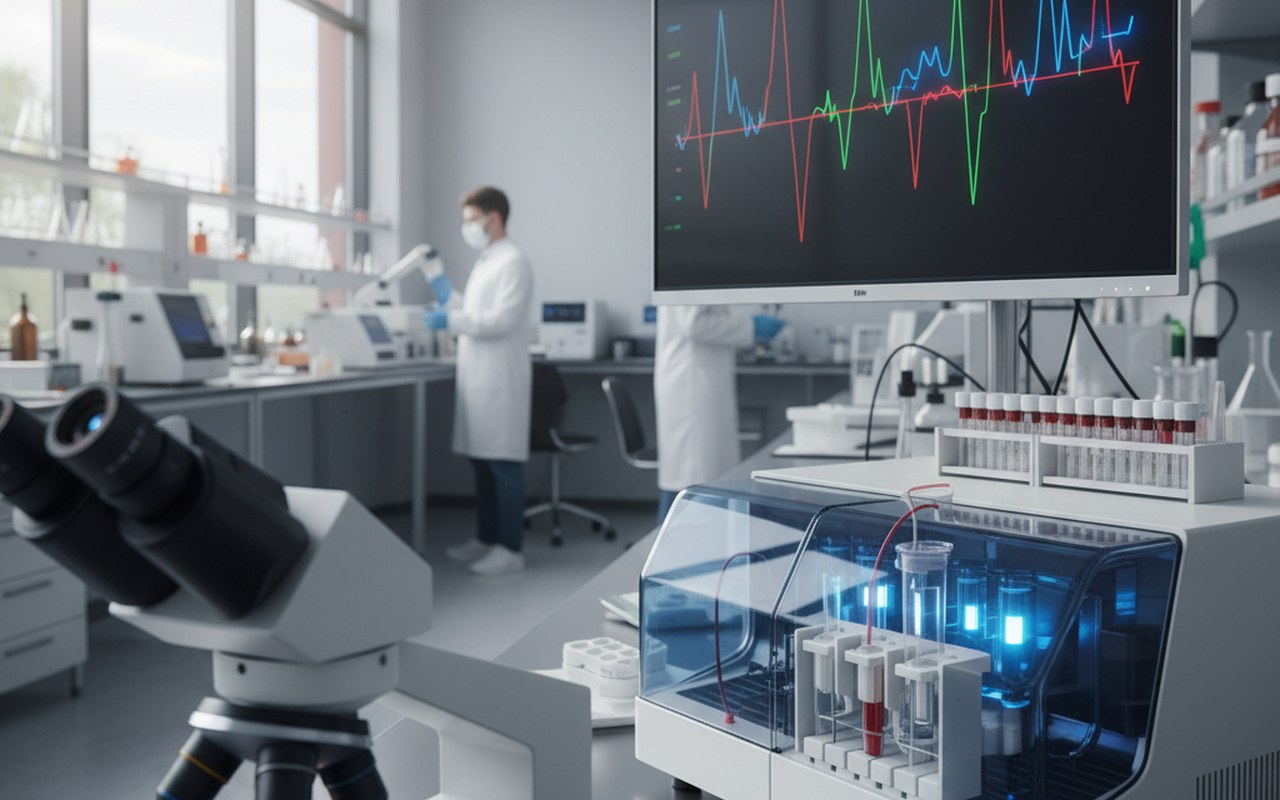 Analyse sanguine en laboratoire avec échantillon et résultats affichés.