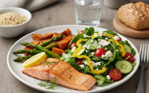 Assiette de repas équilibré illustrant une alimentation saine et durable.