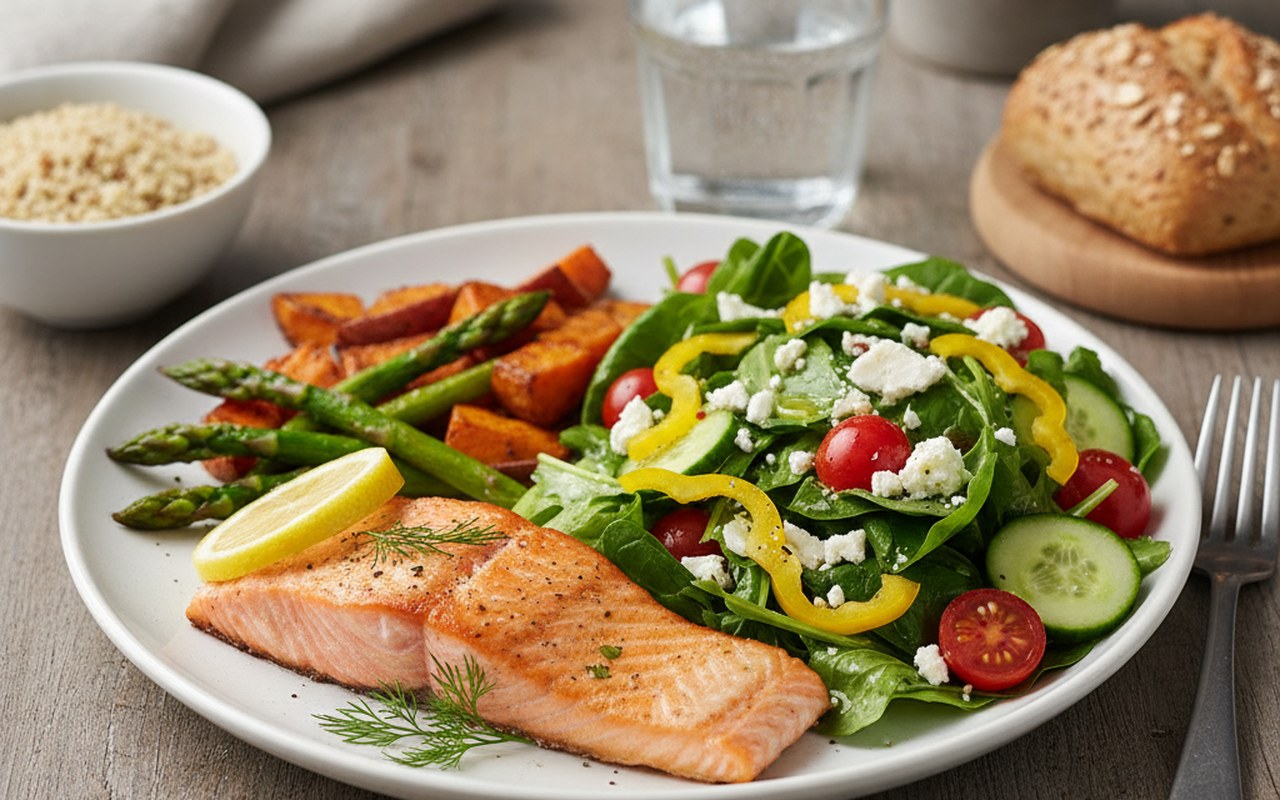 Assiette de repas équilibré illustrant une alimentation saine et durable.