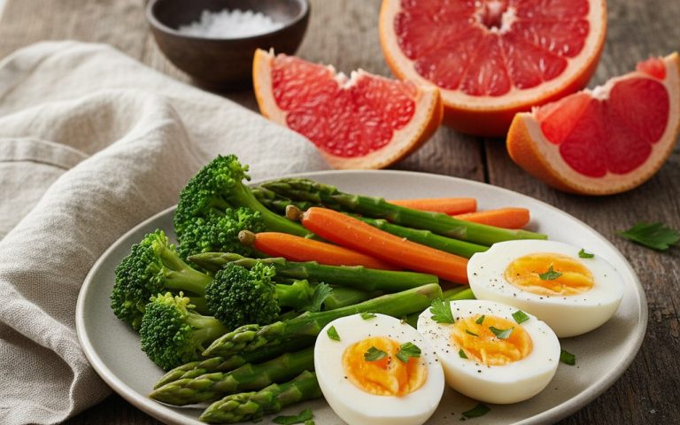 Repas sain avec des œufs durs, légumes vapeur et pamplemousse sur une table en bois.