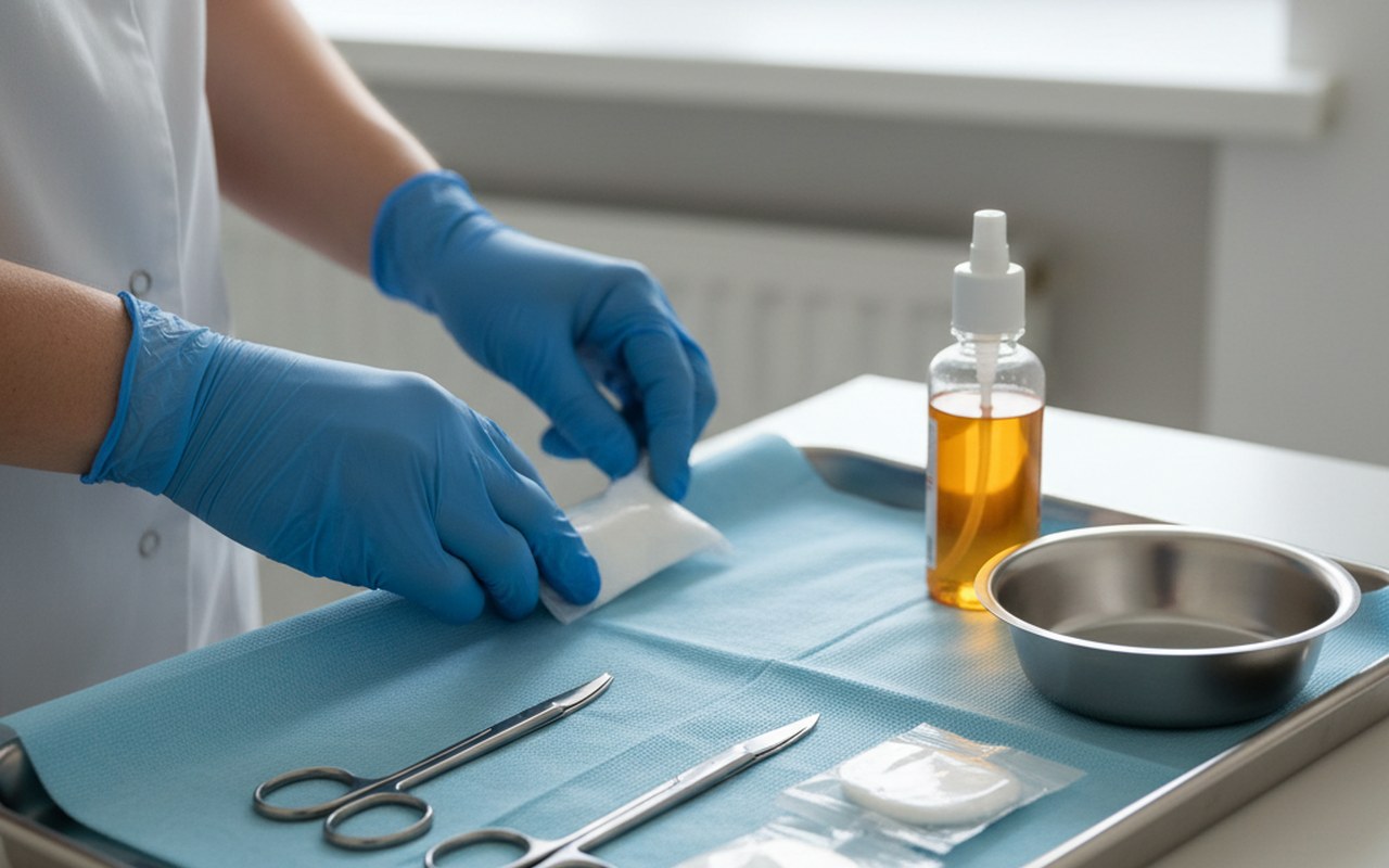 Préparation d'un espace stérile pour retirer des points de suture en toute sécurité.