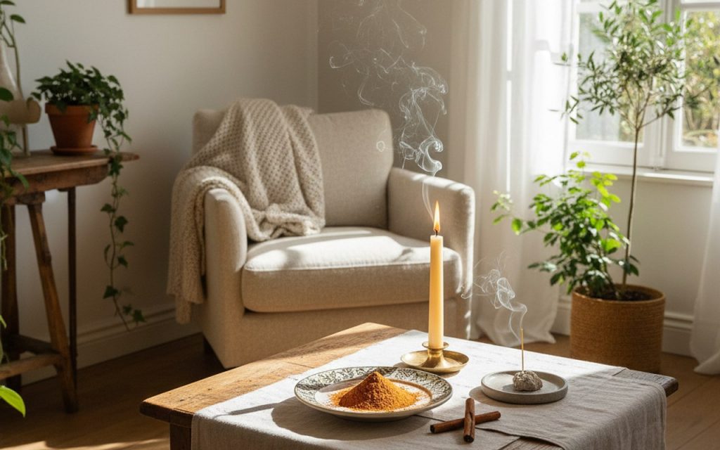Rituel de cannelle dans un intérieur chaleureux avec bougie et cannelle en poudre.