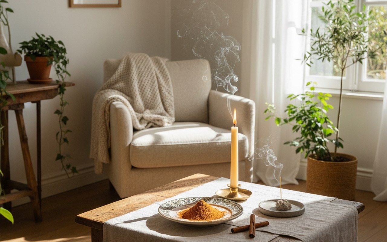 Rituel de cannelle dans un intérieur chaleureux avec bougie et cannelle en poudre.