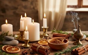 Rituel de la cannelle avec des bâtons de cannelle et des bougies sur une table en bois.