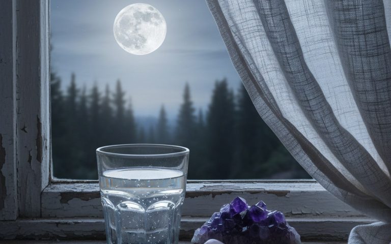 Verre d'eau exposé à la pleine lune avec des cristaux à proximité.