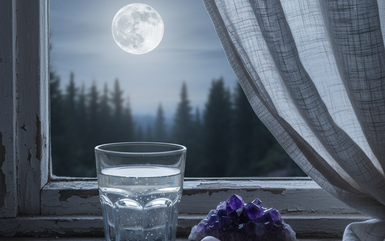 Verre d'eau exposé à la pleine lune avec des cristaux à proximité.