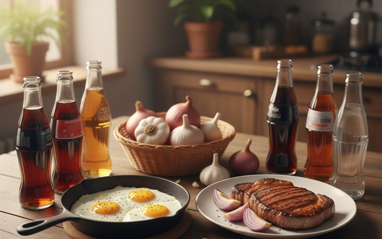 Aliments riches en soufre sur une table de cuisine, causes des rots malodorants.
