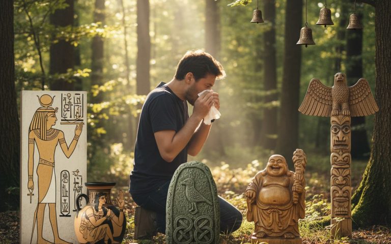 Une personne éternuant entourée de symboles culturels sur les significations des éternuements.