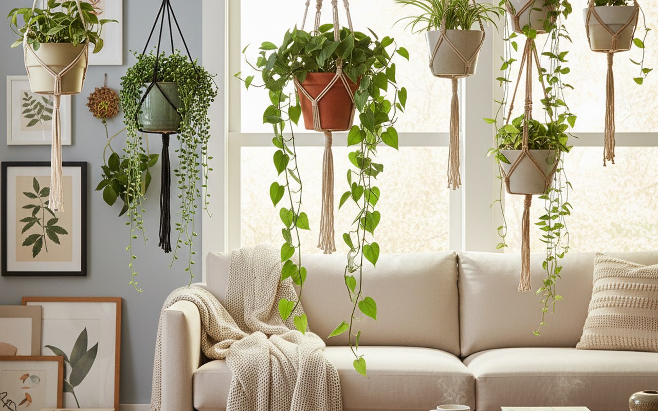 Suspensions pour plantes variées dans un intérieur moderne avec des plantes retombantes.