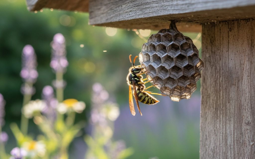 Une guêpe construisant son nid, symbole de protection et purification dans la nature.
