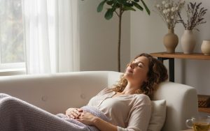 Femme se reposant après le retrait d'un stérilet Mirena, ambiance apaisante