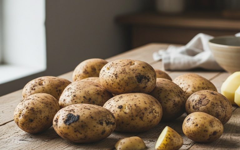 Pommes de terre présentant des taches noires et brunes sur une table en bois.