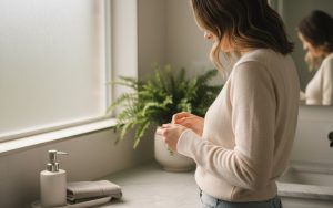 Femme attendant le résultat d'un test de grossesse dans une salle de bain.