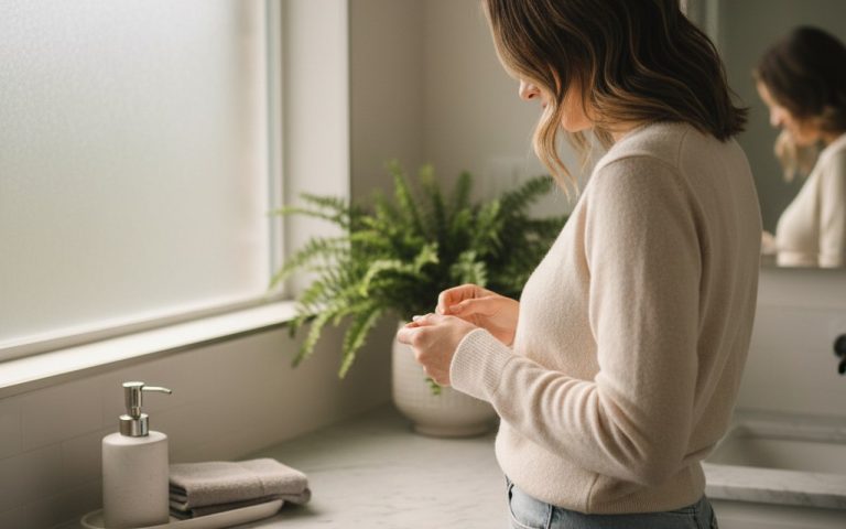 Femme attendant le résultat d'un test de grossesse dans une salle de bain.