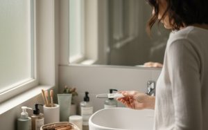 Femme perplexe face à un test de grossesse dans une salle de bain.