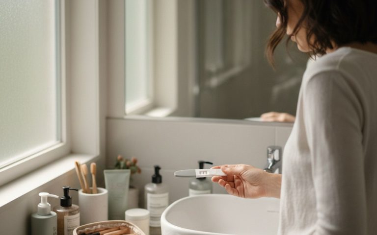 Femme perplexe face à un test de grossesse dans une salle de bain.